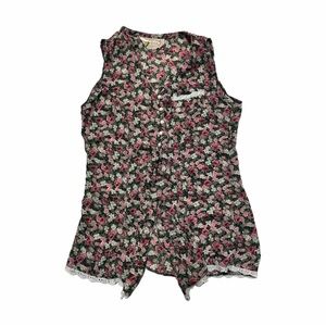 VTG 80s Floral Sheer Tank Vest Top Pearl Snap Lace Trim Size XS S